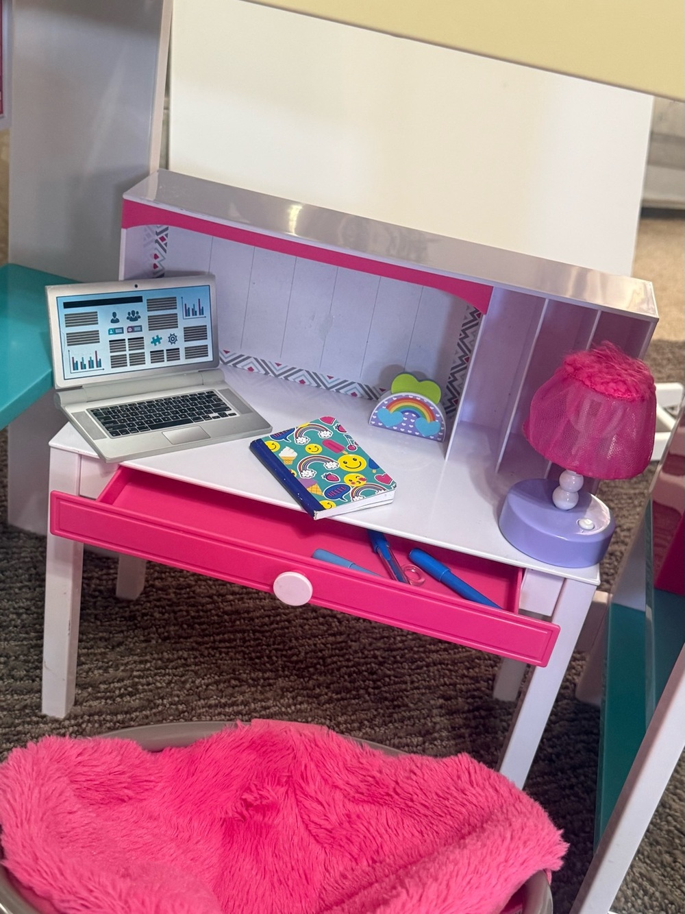 My Life As White Pink & Blue Loft Bed with Pink Fuzzy Papasan Chair Desk - Picture 4 of 14